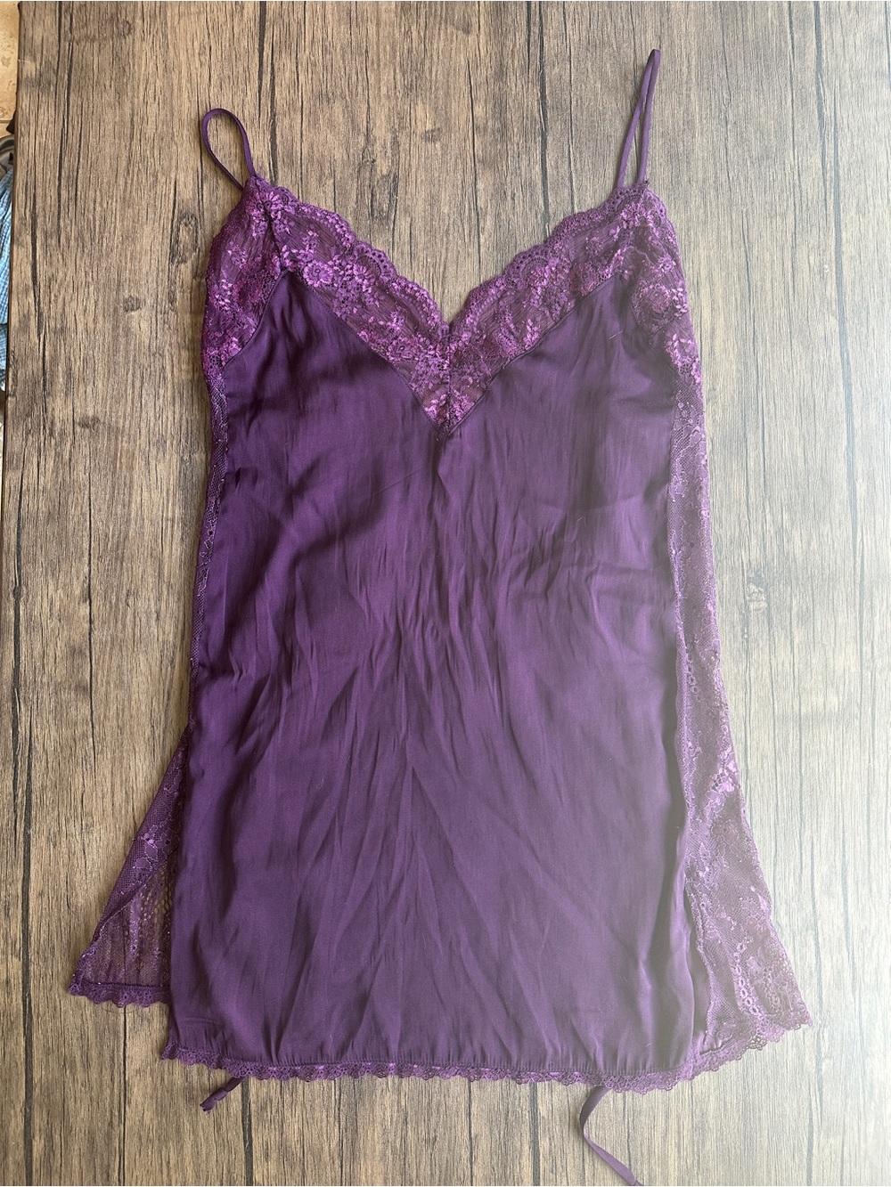 Lace-Trim Satin Chemise Slip in Deep Plum
